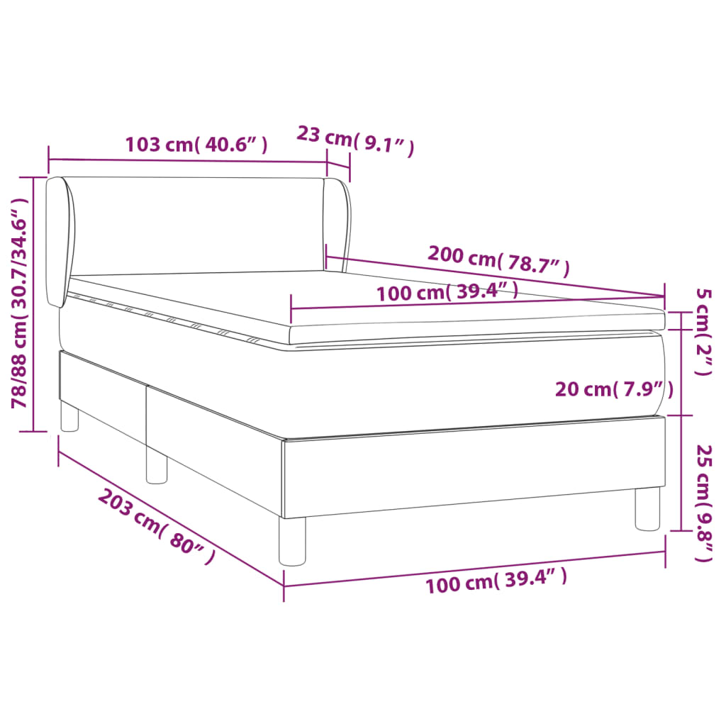 Pat box spring cu saltea, gri deschis, 100x200 cm, textil