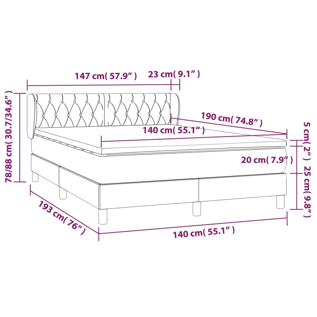 Pat box spring cu saltea, gri închis, 140x190 cm, textil