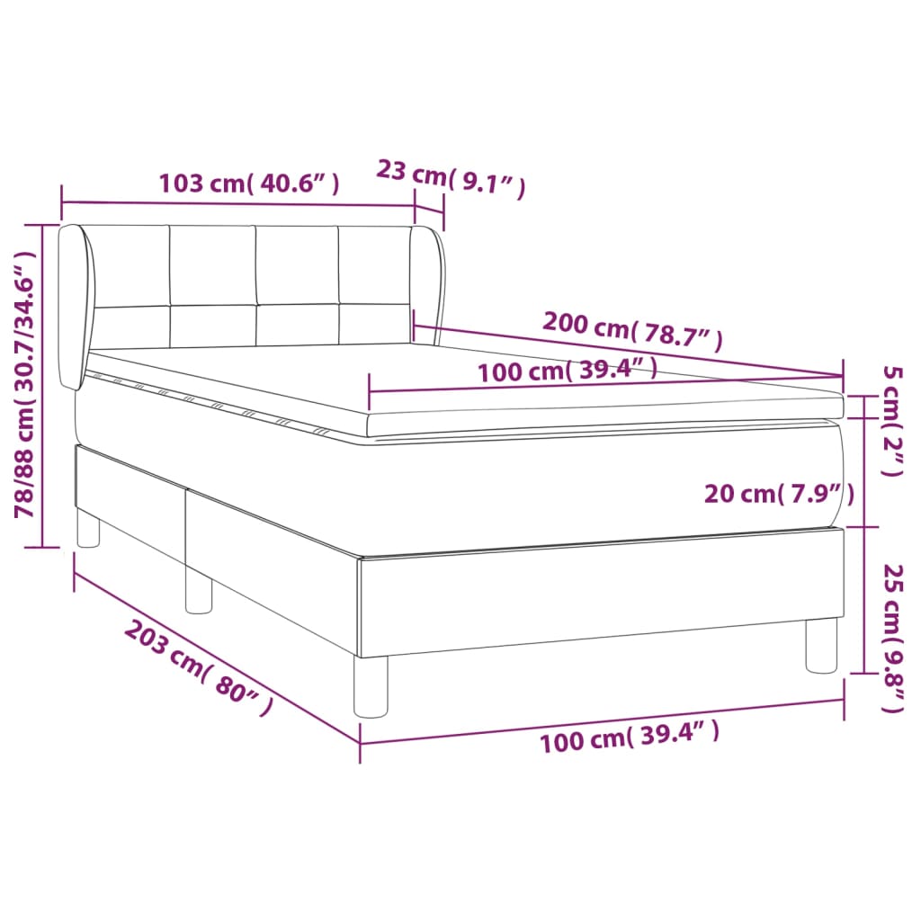 Łóżko kontynentalne jasnoszare 203x103x78/88 cm + materac biały 100x200x20 cm + nakładka ochronna biała 100x200x5 cm