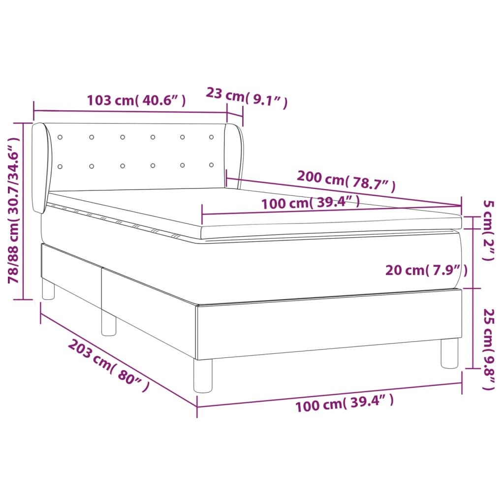 Łóżko kontynentalne kremowe 203x103x78/88 cm + materac 100x200x20 cm + nakładka 100x200x5 cm