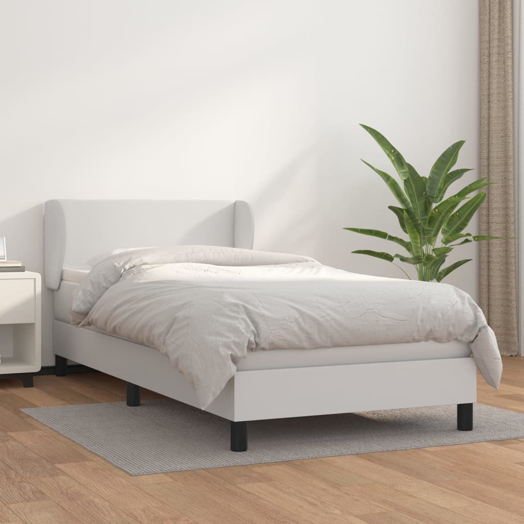 vidaXL Pat box spring cu saltea, alb, 90x190 cm, piele ecologică