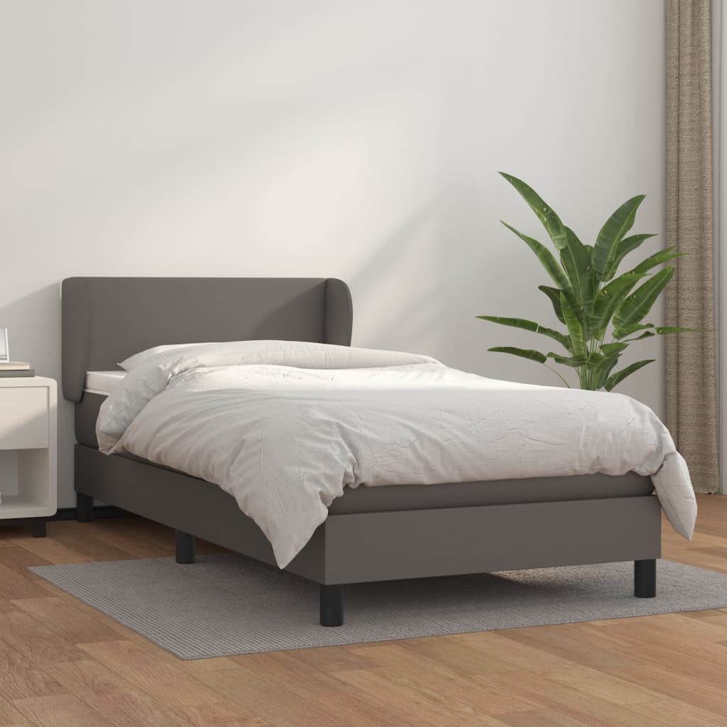 vidaXL Pat box spring cu saltea, gri, 90x190 cm, piele ecologică