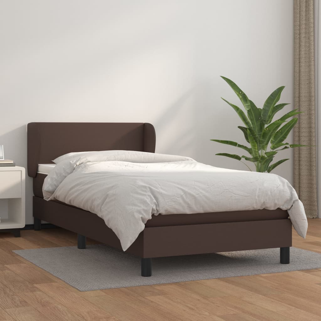 vidaXL Pat box spring cu saltea, maro, 90x200 cm, piele ecologică