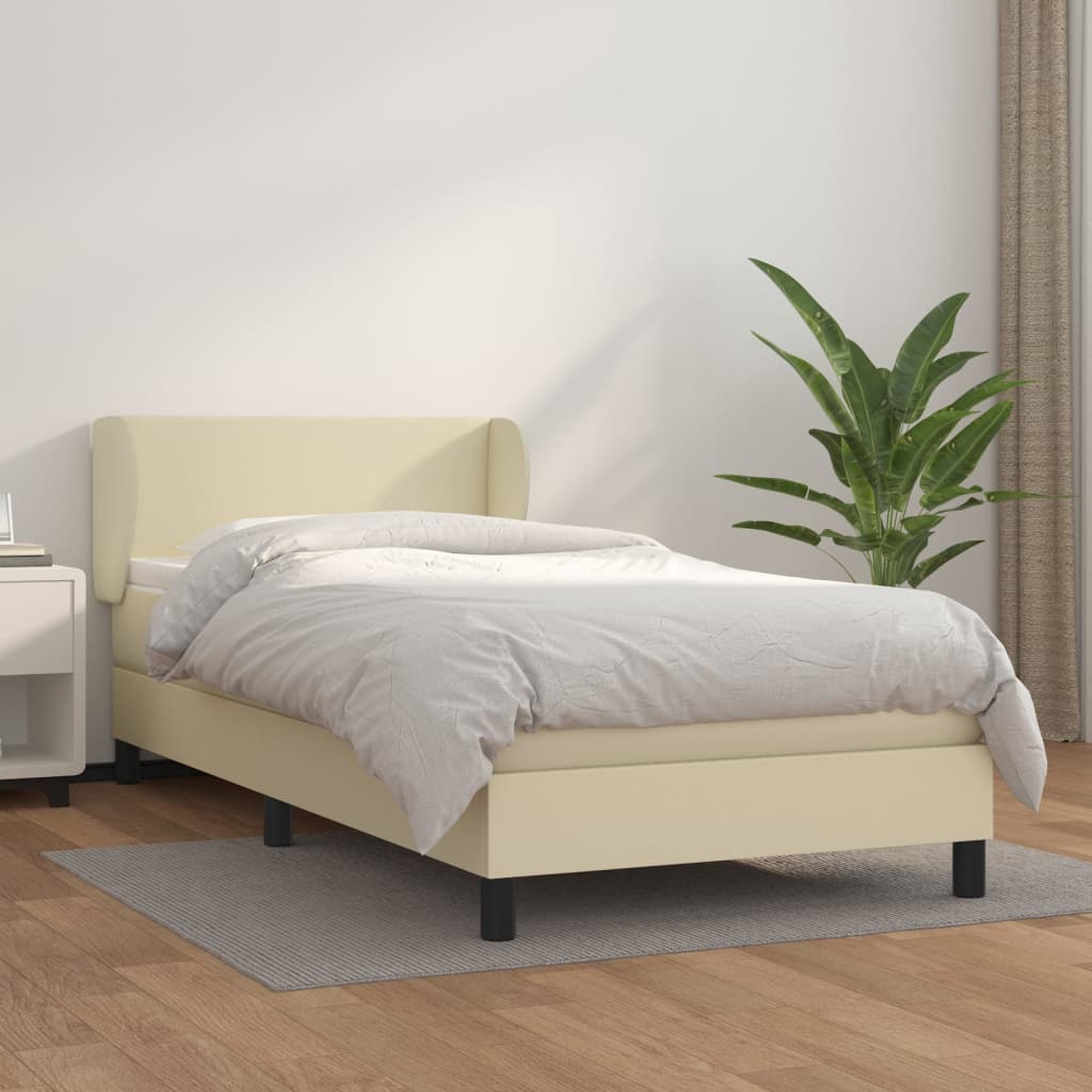 vidaXL Pat box spring cu saltea, crem, 100x200 cm, piele ecologică