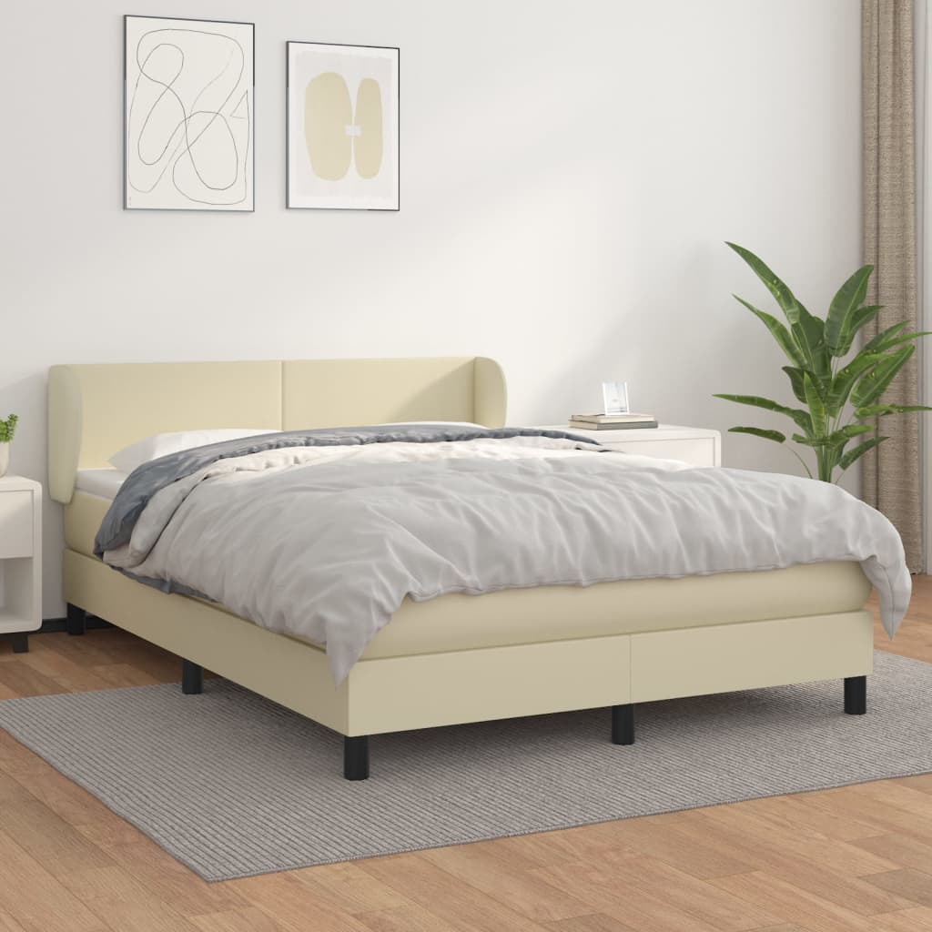 vidaXL Pat box spring cu saltea, crem, 140x200 cm, piele ecologică