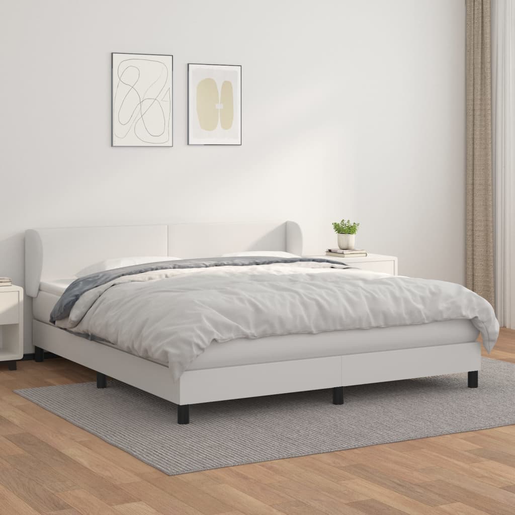 vidaXL Pat box spring cu saltea, alb, 160x200 cm, piele ecologică