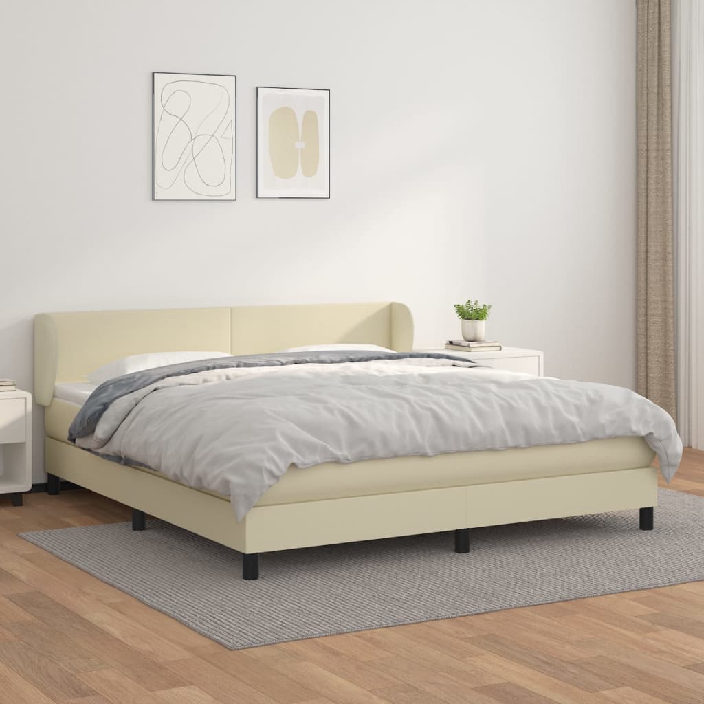 vidaXL Pat box spring cu saltea, crem, 160x200 cm, piele ecologică
