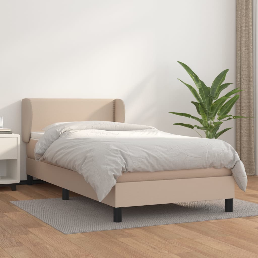 vidaXL Pat box spring cu saltea, cappuccino, 90x190 cm piele ecologică