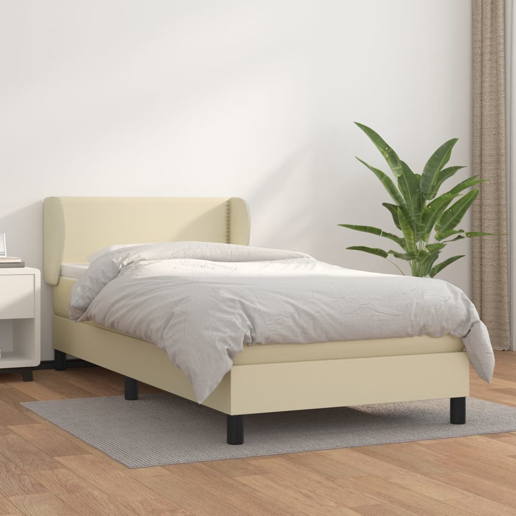 vidaXL Pat box spring cu saltea, crem, 90x200 cm, piele ecologică