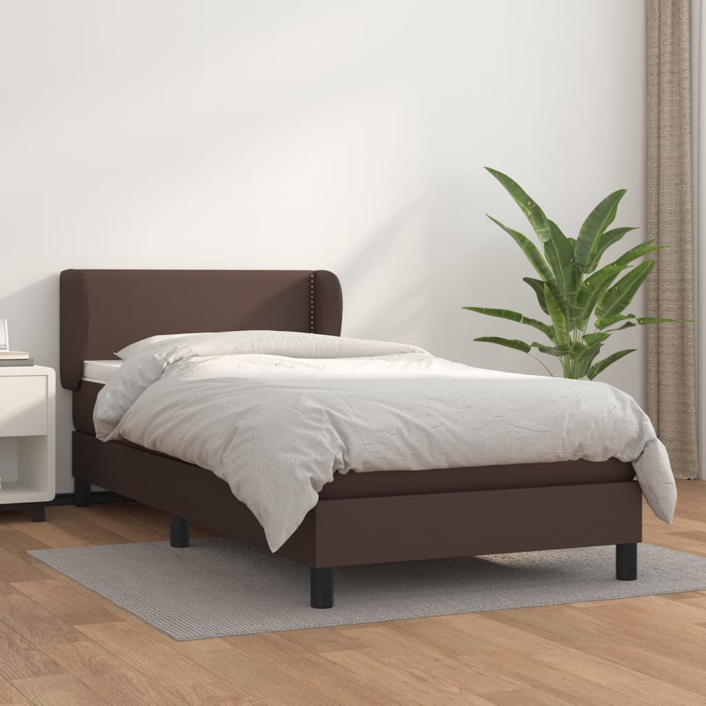 vidaXL Pat box spring cu saltea, maro, 90x200 cm, piele ecologică