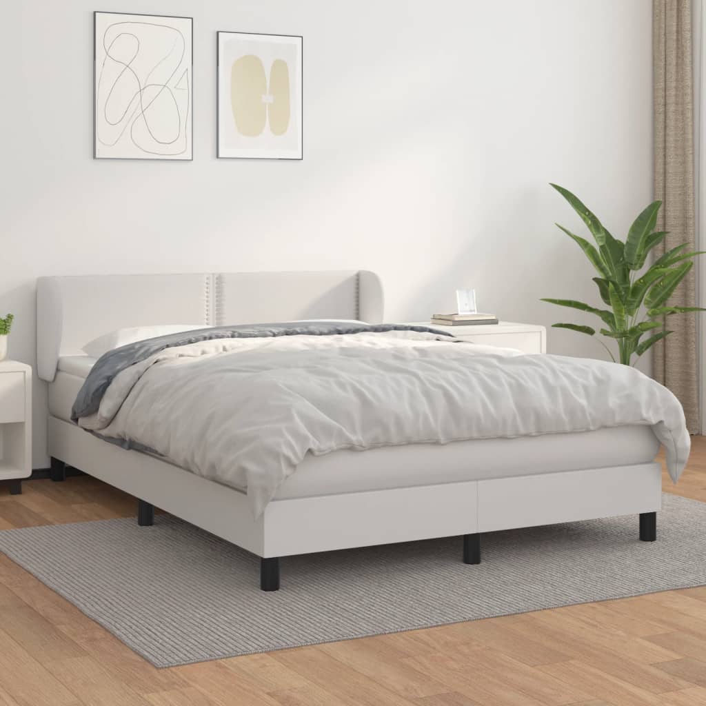 vidaXL Pat box spring cu saltea, alb, 140x190 cm, piele ecologică