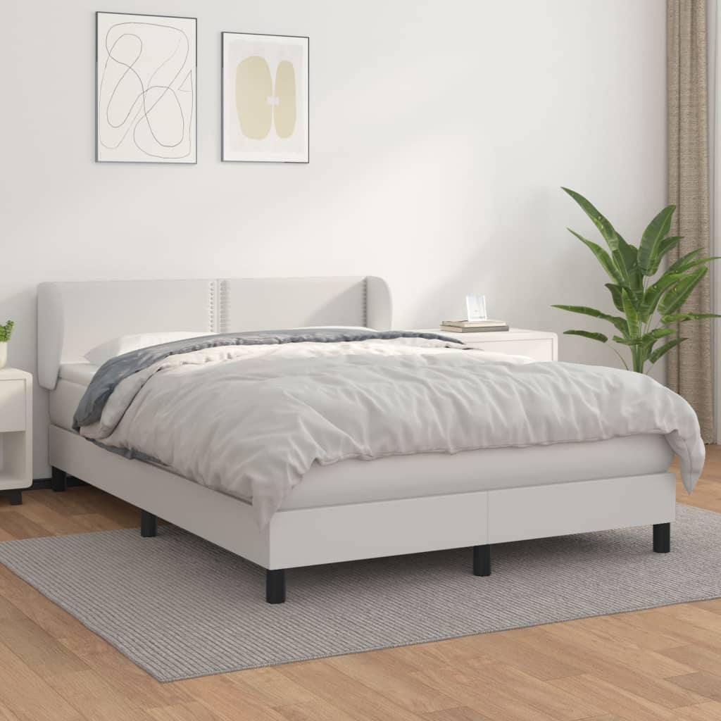 vidaXL Pat box spring cu saltea, alb, 140x200 cm, piele ecologică