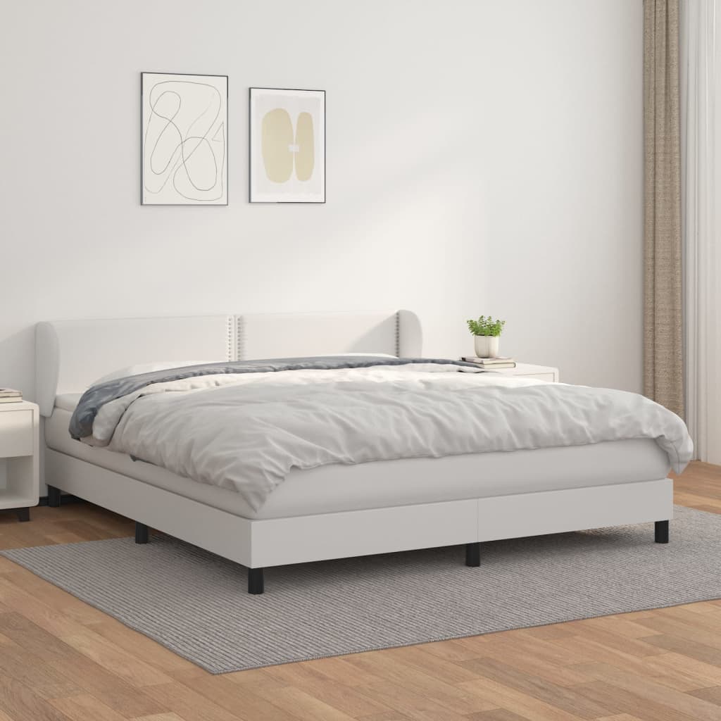 vidaXL Pat box spring cu saltea, alb, 160x200 cm, piele ecologică