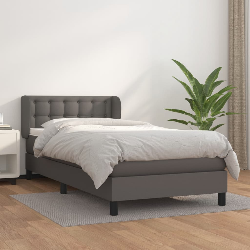 vidaXL Pat box spring cu saltea, gri, 90x190 cm, piele ecologică