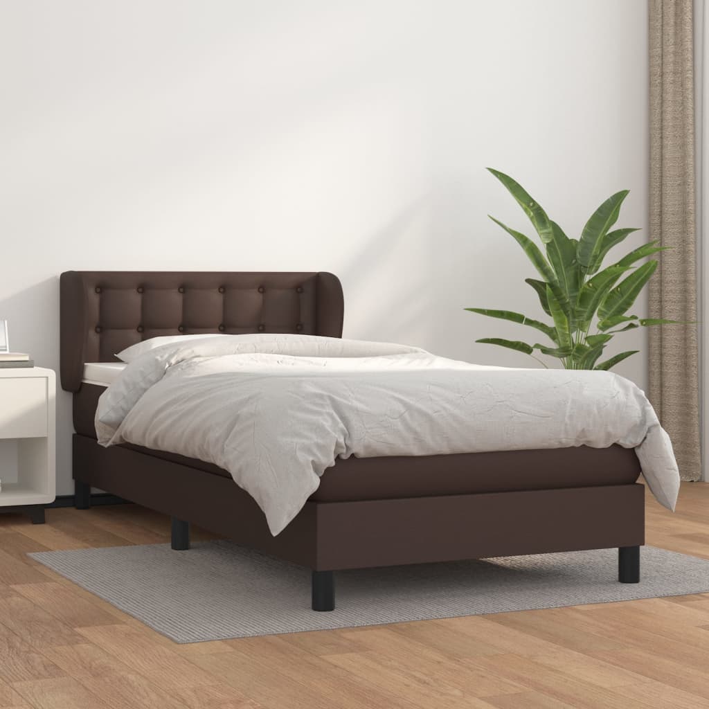 vidaXL Pat box spring cu saltea, maro, 90x200 cm, piele ecologică