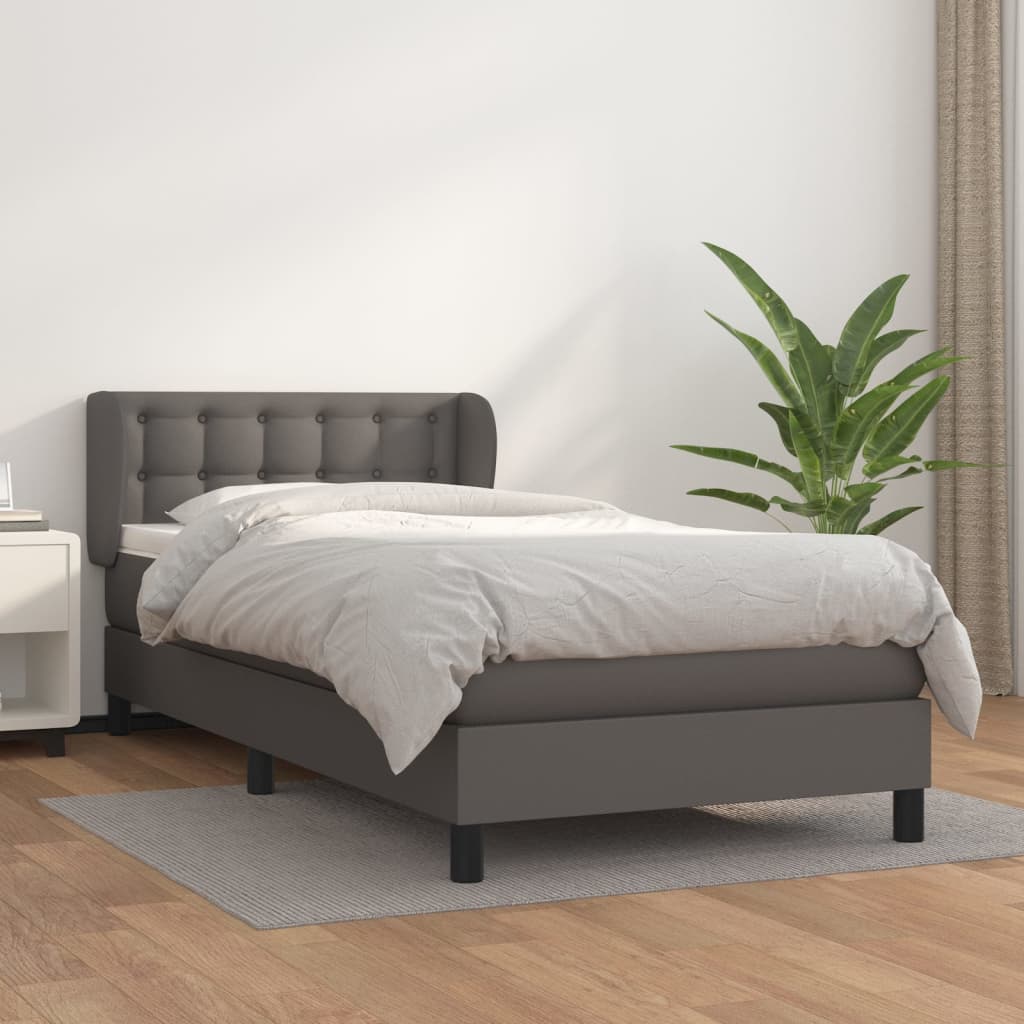 vidaXL Pat box spring cu saltea, gri, 90x200 cm, piele ecologică