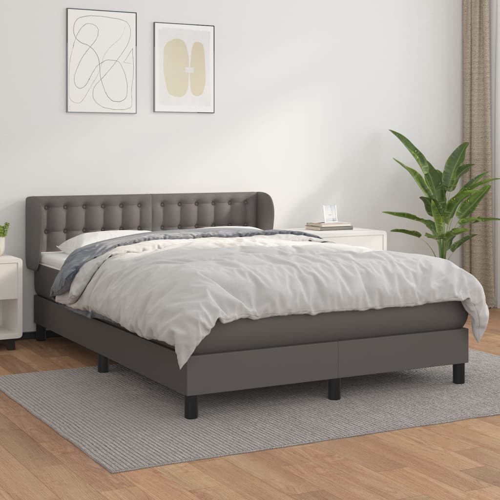 vidaXL Pat box spring cu saltea, gri, 140x190 cm, piele ecologică