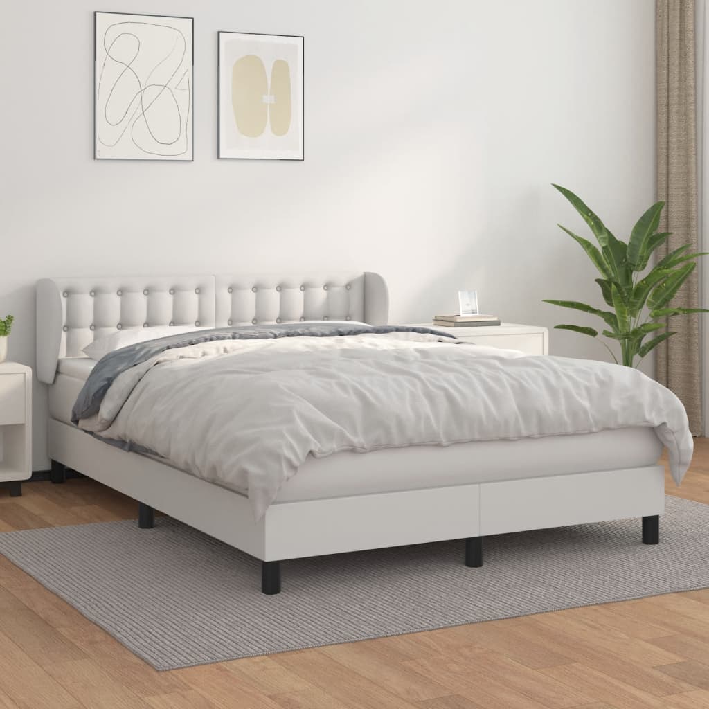 vidaXL Pat box spring cu saltea, alb, 140x200 cm, piele ecologică