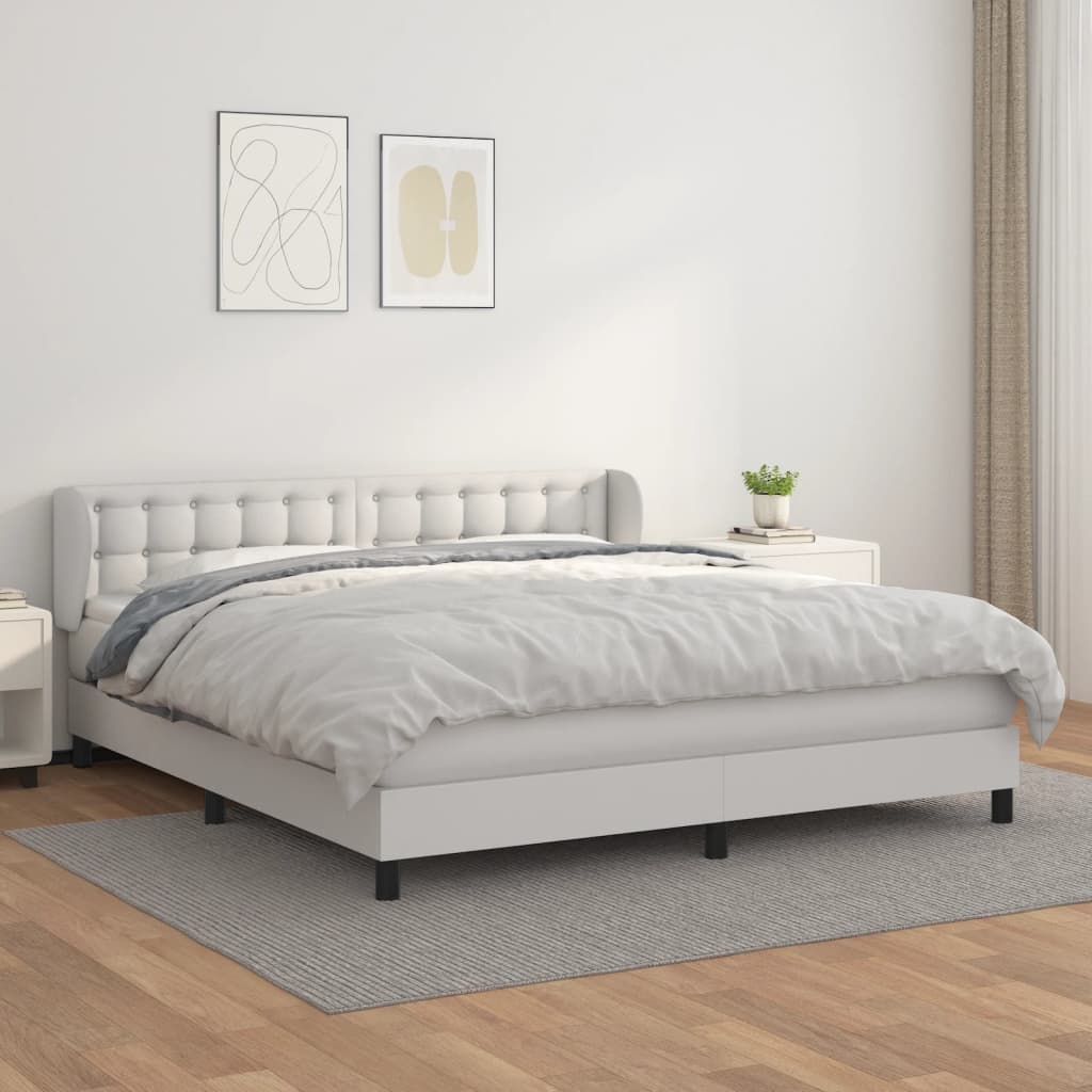 vidaXL Pat box spring cu saltea, alb, 160x200 cm, piele ecologică