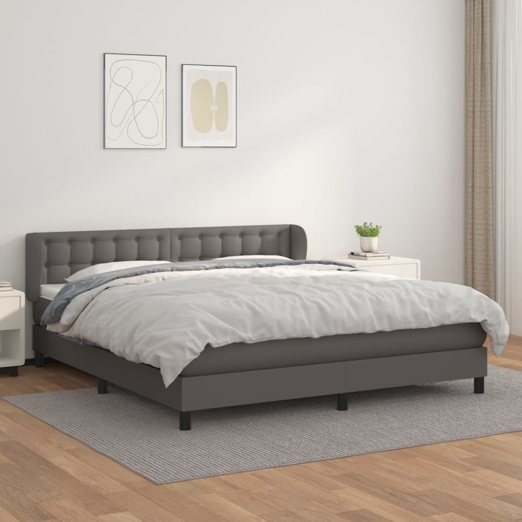 vidaXL Pat box spring cu saltea, gri, 160x200 cm, piele ecologică