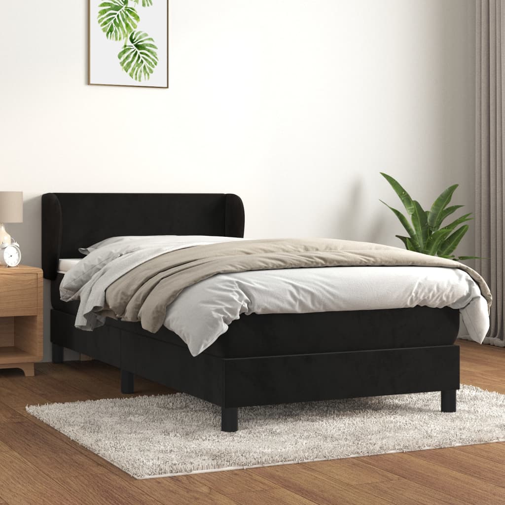 fekete bársony rugós ágy matraccal 90x190 cm