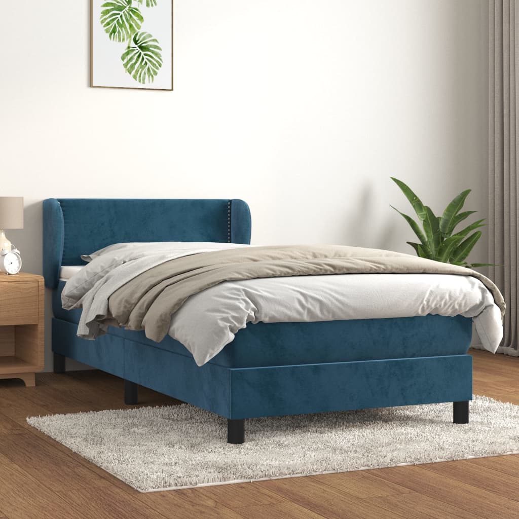 Box spring postelja z vzmetnico temno moder 90x190 cm žamet