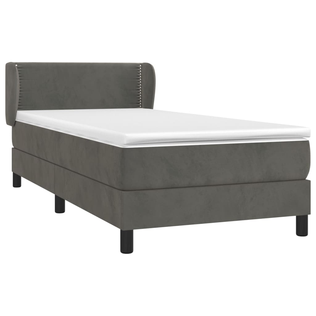 Pat box spring cu saltea, gri închis, 90x200 cm, catifea