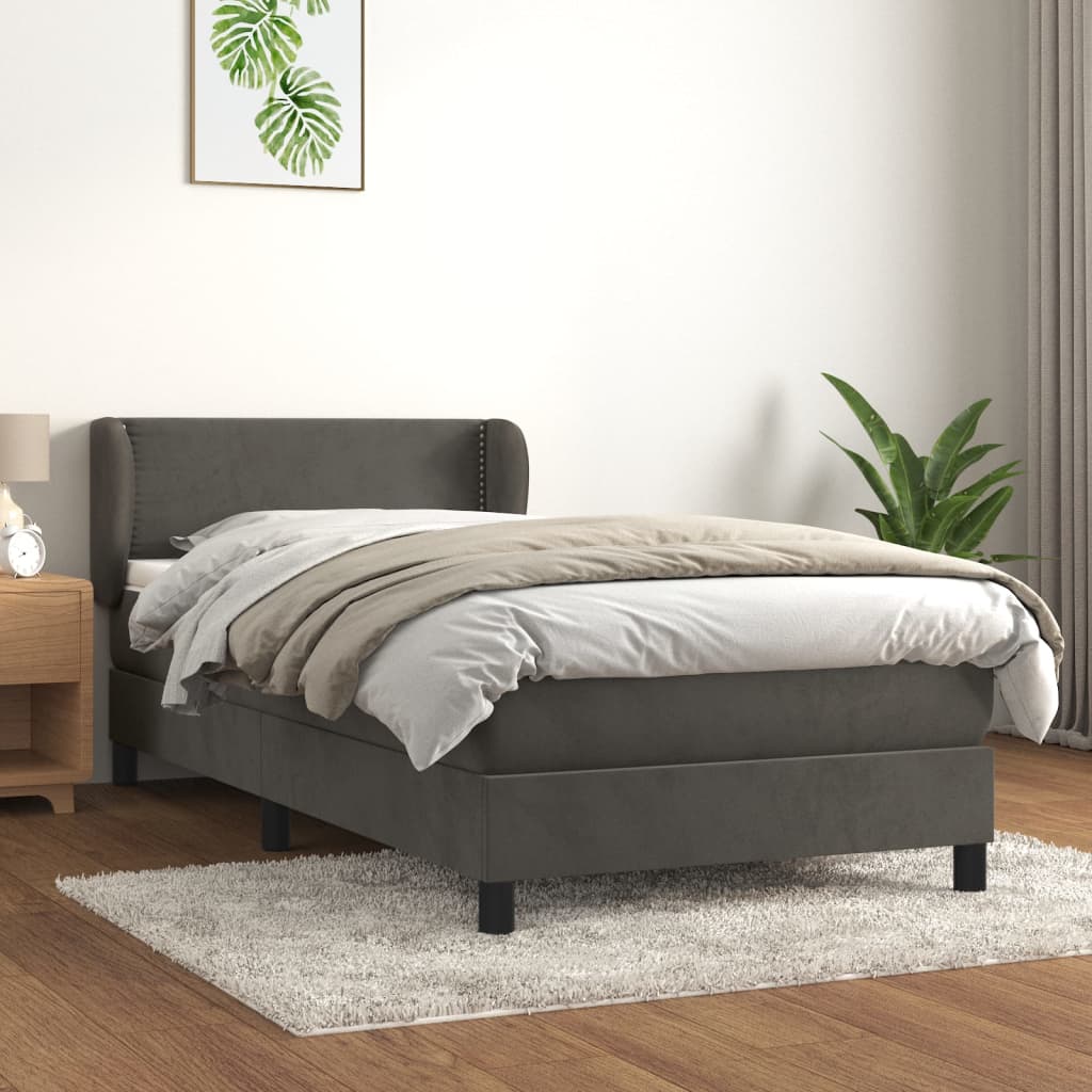 vidaXL Pat box spring cu saltea, gri închis, 90x200 cm, catifea