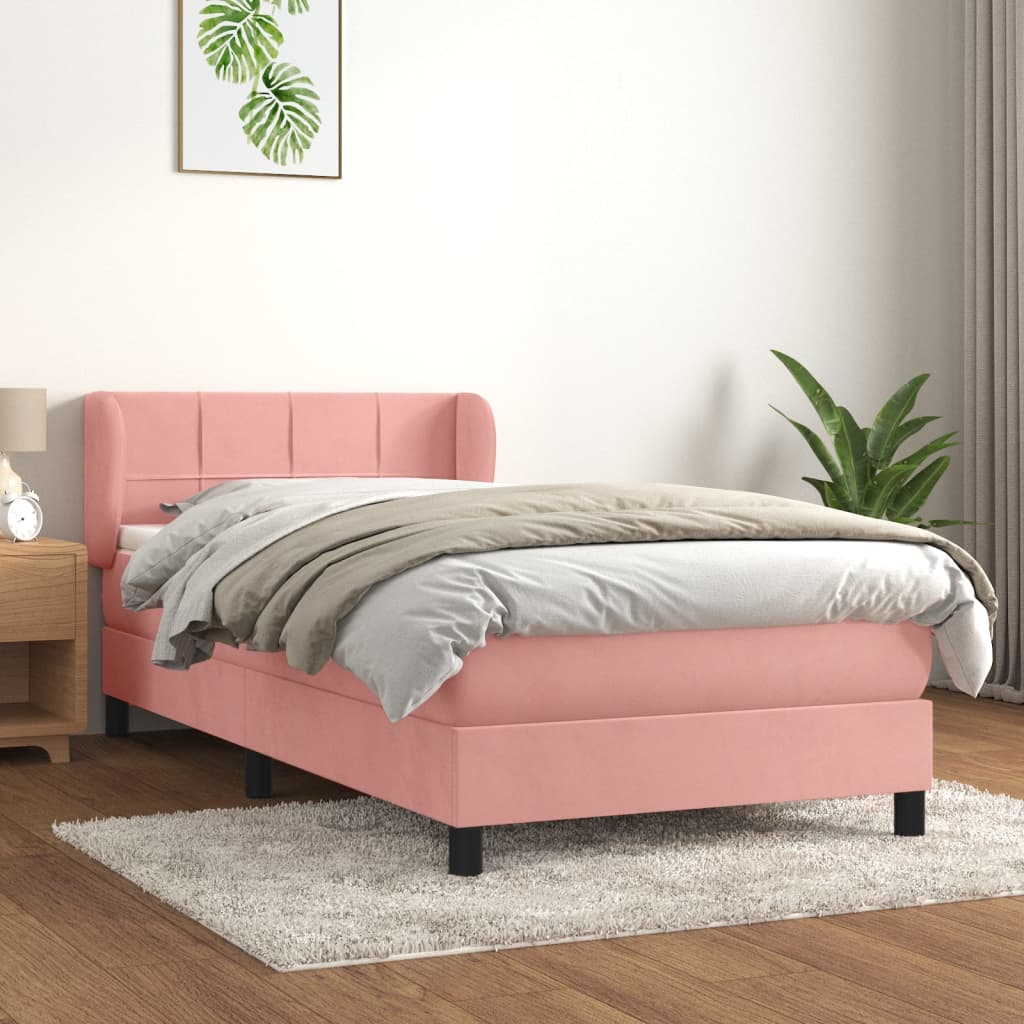 vidaXL Pat box spring cu saltea, roz, 90x200 cm, catifea