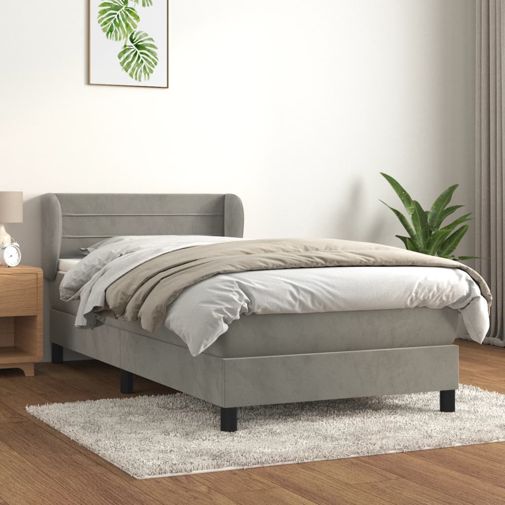 vidaXL Pat box spring cu saltea, gri deschis, 90x190 cm, catifea