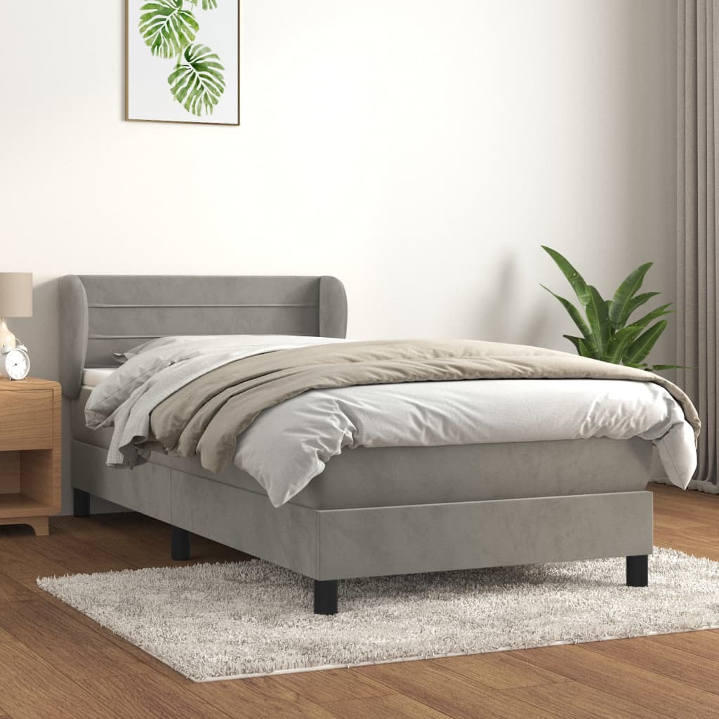 vidaXL Pat box spring cu saltea, gri deschis, 90x200 cm, catifea