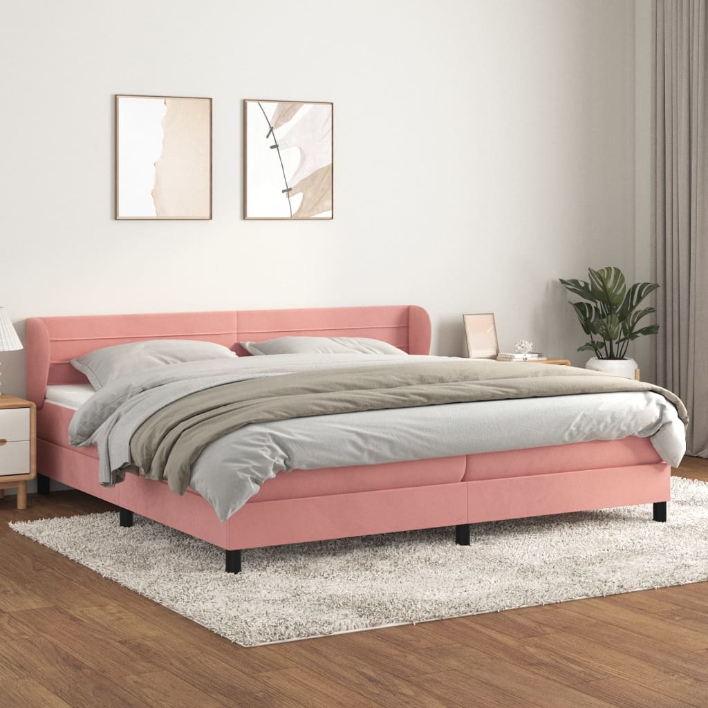 vidaXL Pat box spring cu saltea, roz, 200x200 cm, catifea