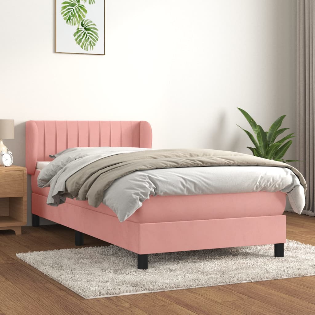 vidaXL Pat box spring cu saltea, roz, 90x190 cm, catifea