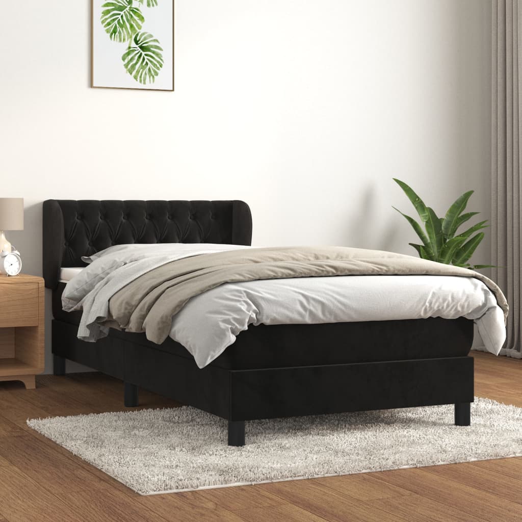 vidaXL Pat box spring cu saltea, negru, 100x200 cm, catifea