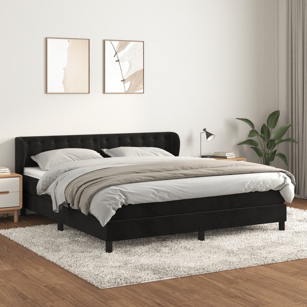 fekete bársony rugós ágy matraccal 180x200 cm