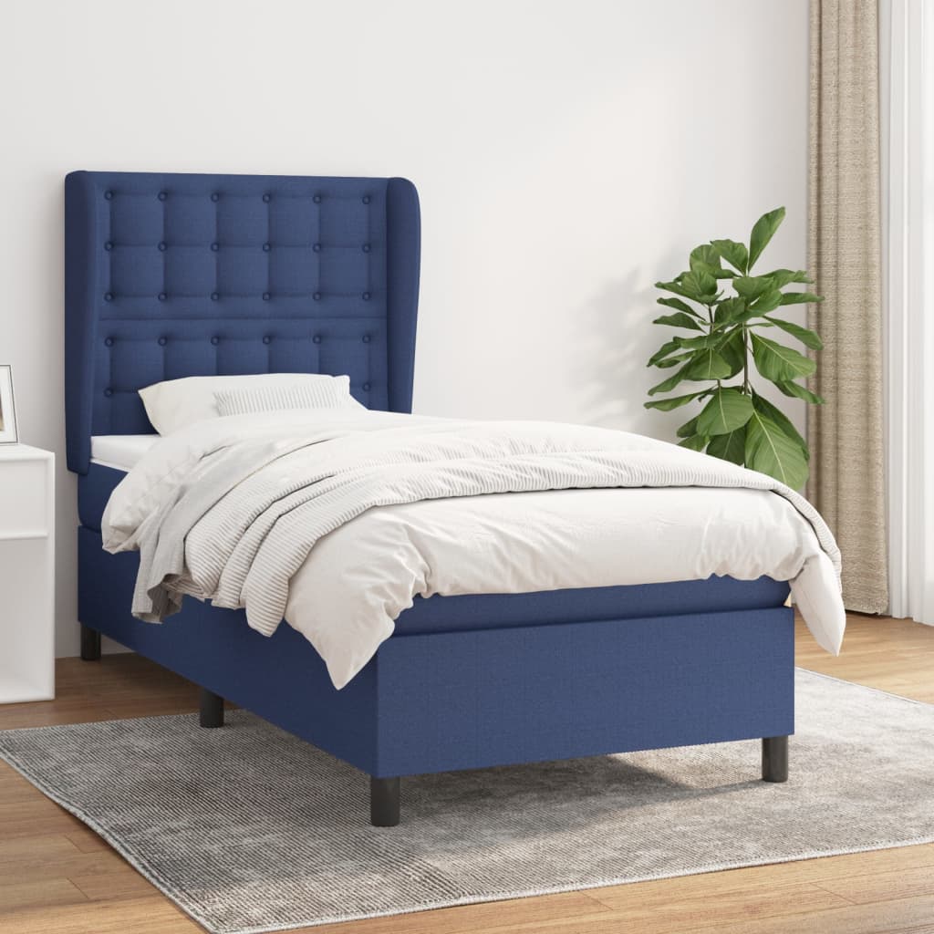 kék szövet rugós ágy matraccal 90 x 200 cm