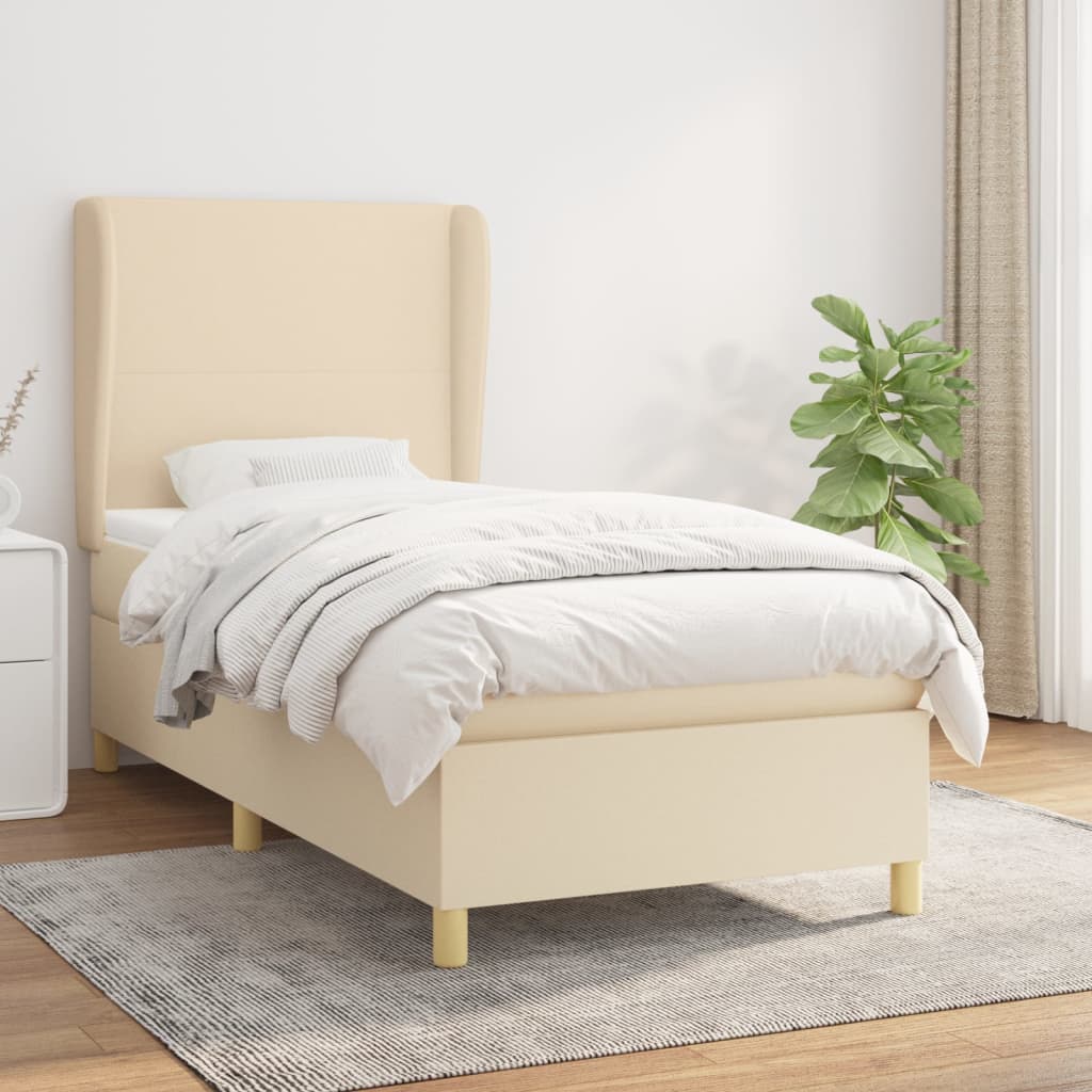 krémszínű szövet rugós ágy matraccal 90 x 190 cm