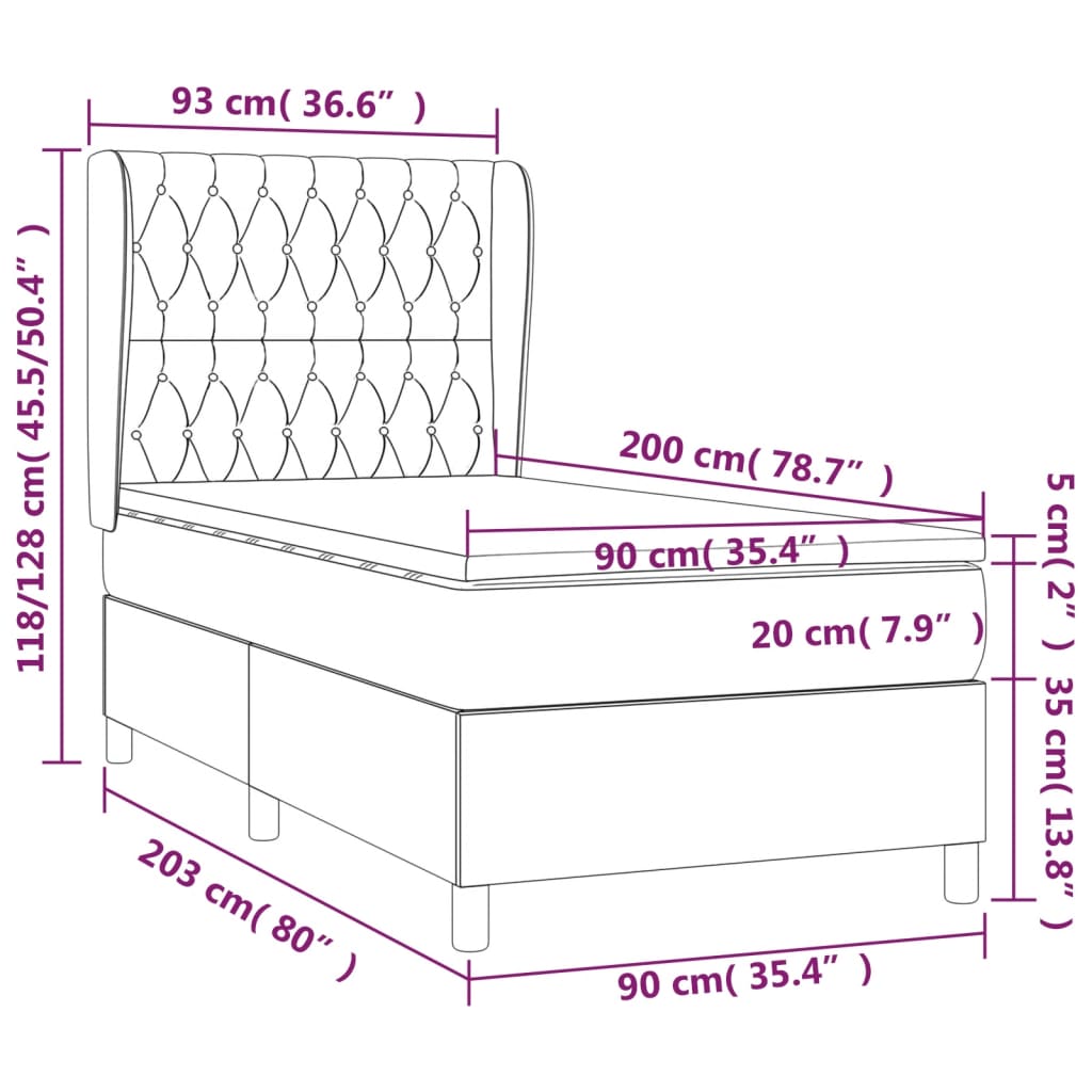 Łóżko kontynentalne jasnoszare 203x93x118/128 cm + materac 90x200x20 cm + nakładka 90x200x5 cm