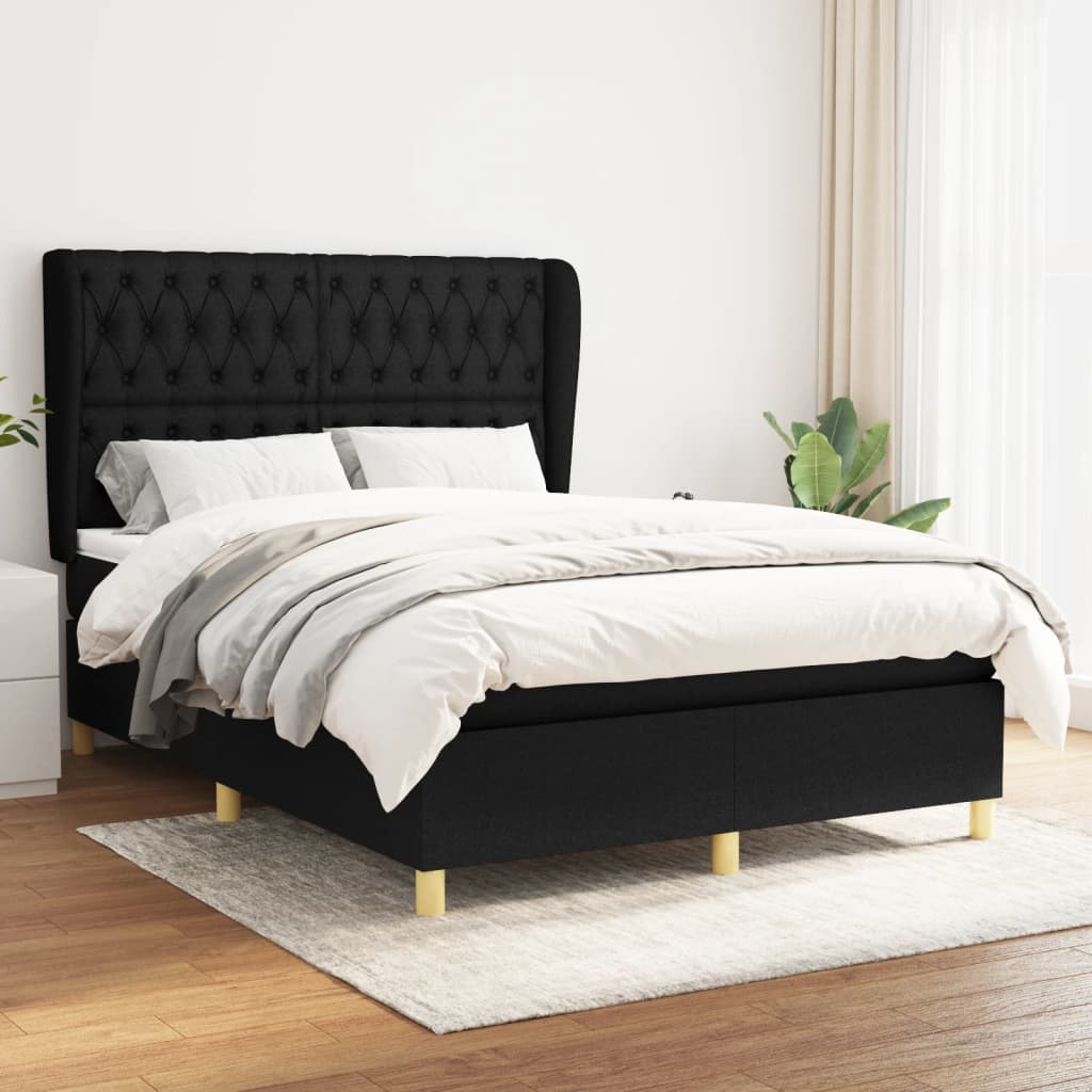 fekete szövet rugós ágy matraccal 140 x 200 cm