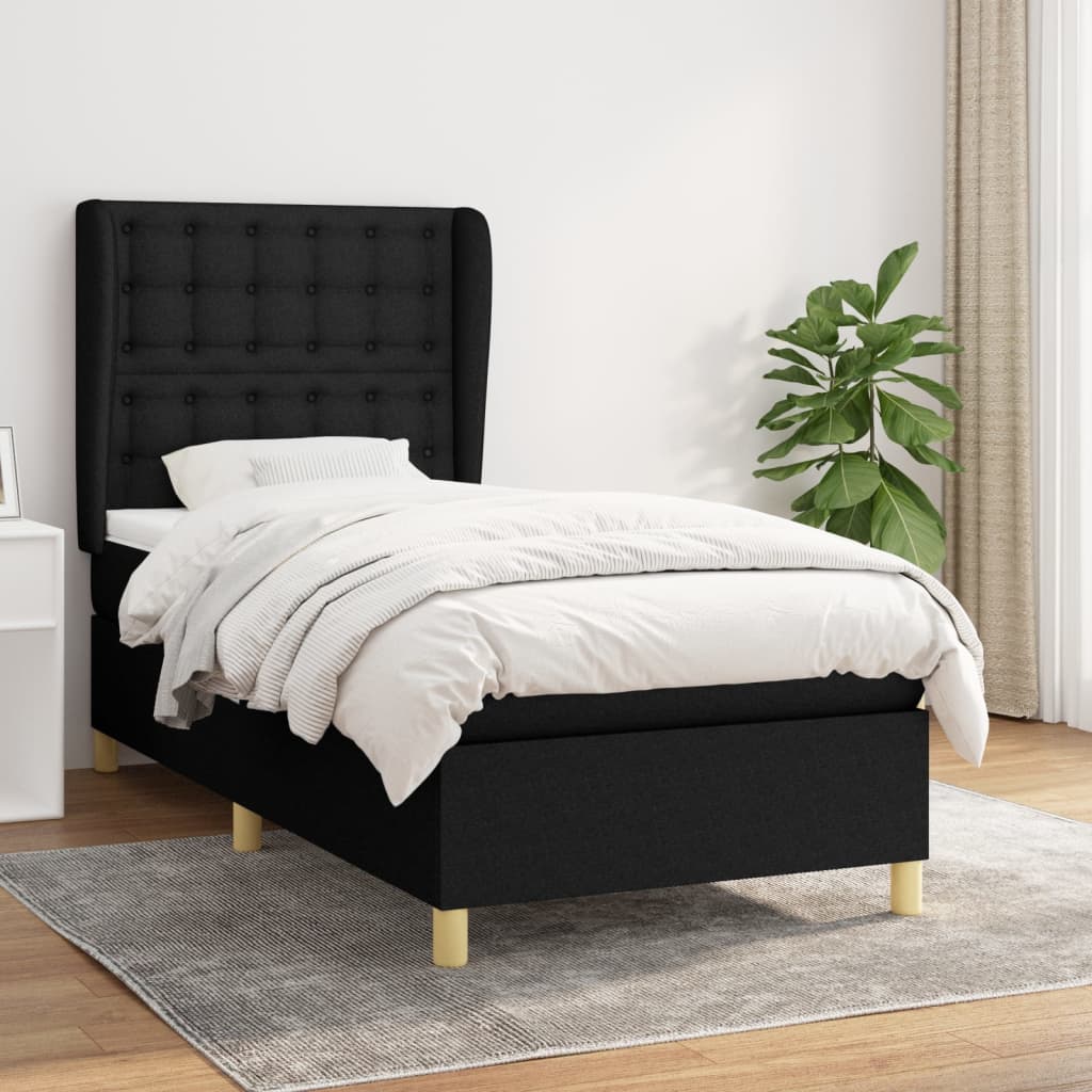 vidaXL Pat box spring cu saltea, negru, 90x190 cm, textil