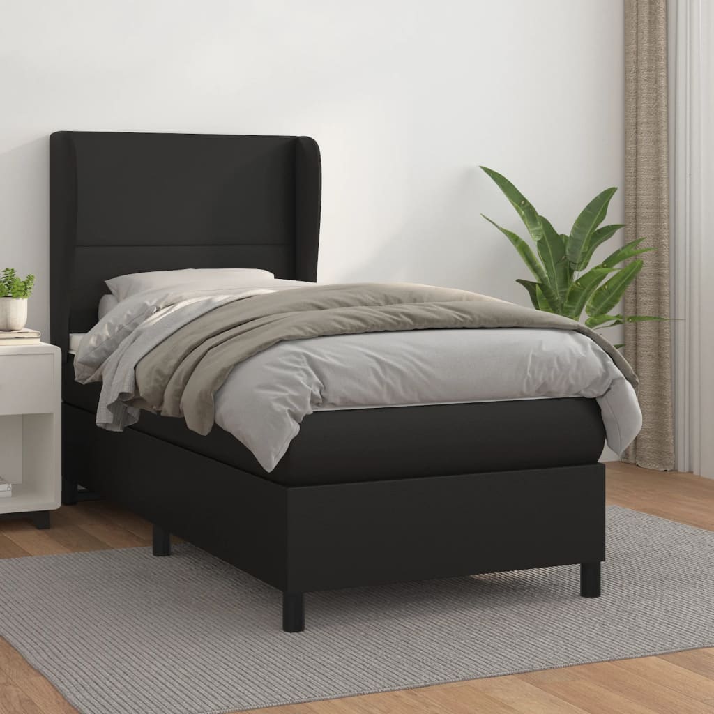 vidaXL Pat box spring cu saltea, negru, 90x190 cm, piele ecologică