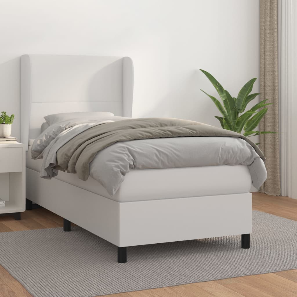 vidaXL Pat box spring cu saltea, alb, 90x190 cm, piele ecologică