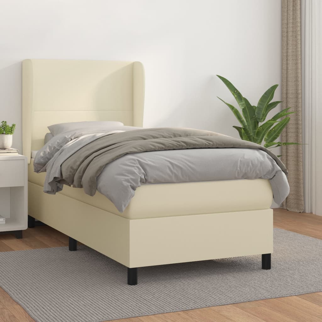 vidaXL Pat box spring cu saltea, crem, 90x190 cm, piele ecologică