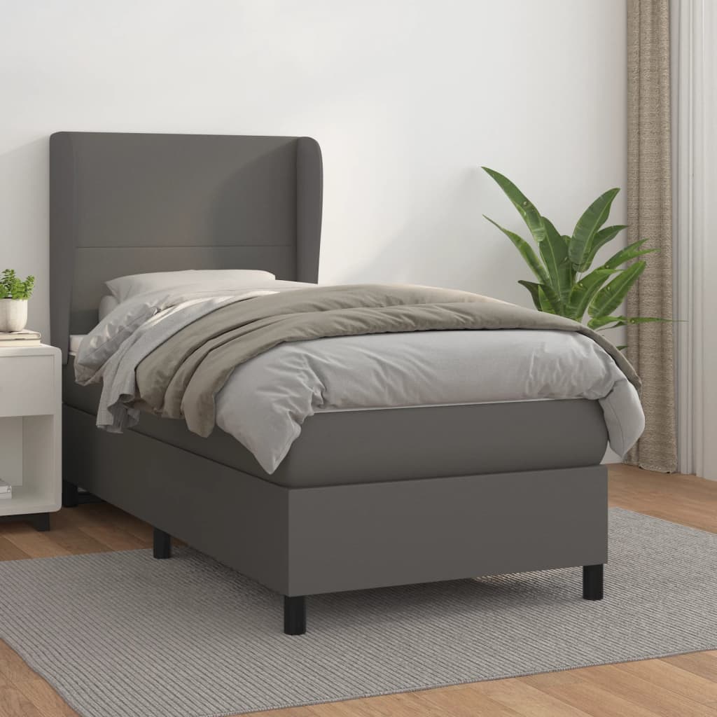 vidaXL Pat box spring cu saltea, gri, 90x190 cm, piele ecologică