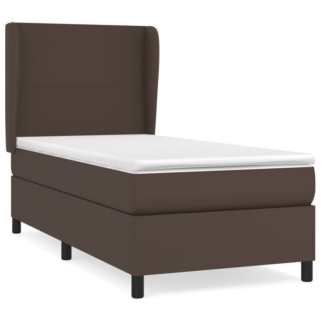 Pat box spring cu saltea, maro, 90x200 cm, piele ecologică