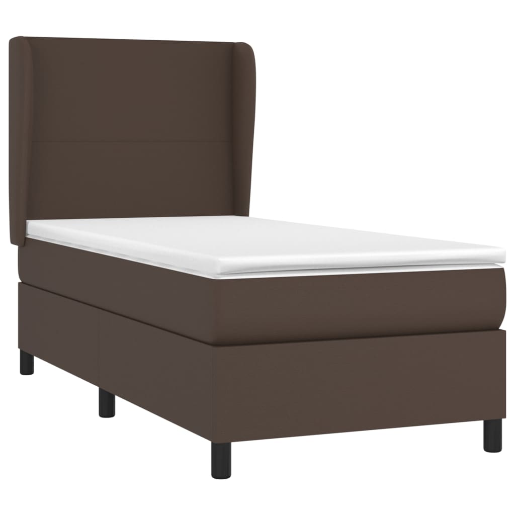 Pat box spring cu saltea, maro, 90x200 cm, piele ecologică