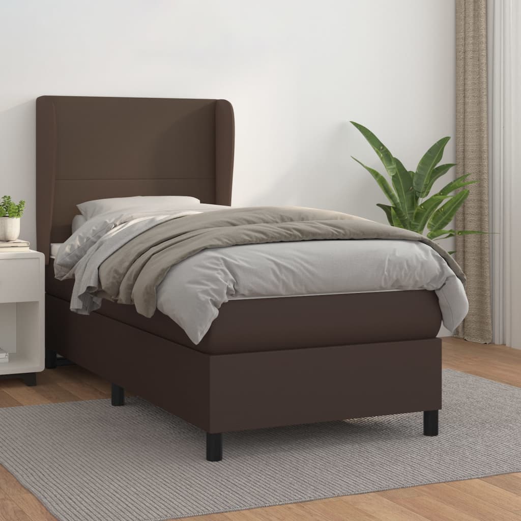 vidaXL Pat box spring cu saltea, maro, 90x200 cm, piele ecologică