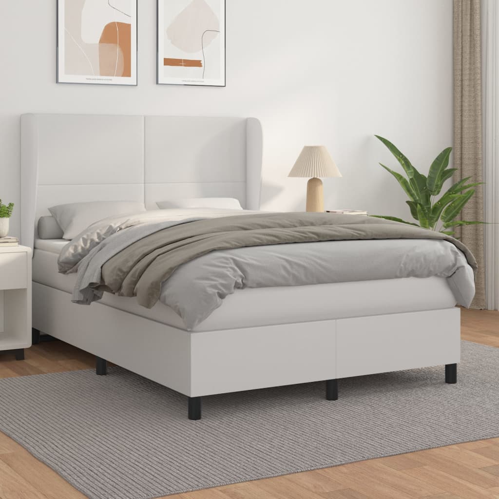 vidaXL Pat box spring cu saltea, alb, 140x190 cm, piele ecologică