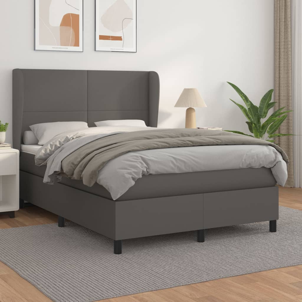 vidaXL Pat box spring cu saltea, gri, 140x190 cm, piele ecologică