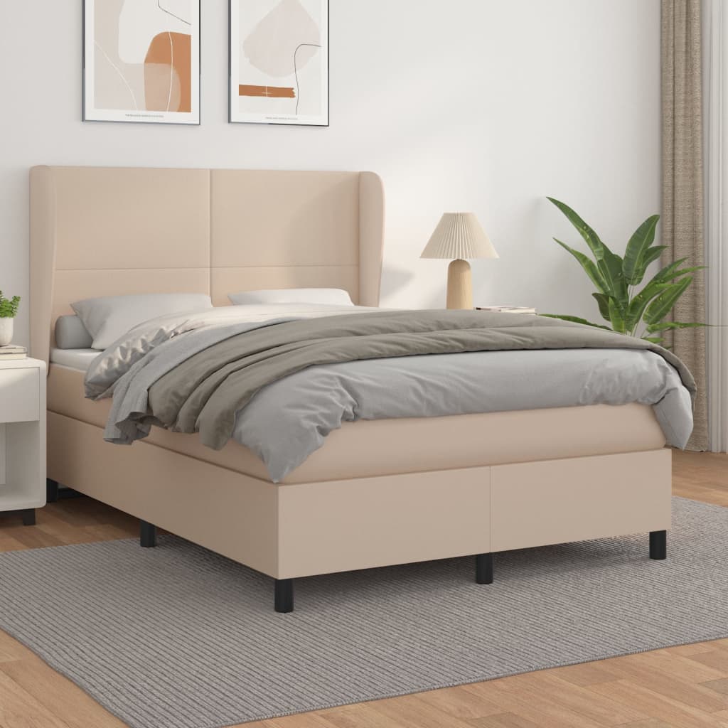 vidaXL Pat box spring cu saltea, cappuccino, 140x190cm piele ecologică